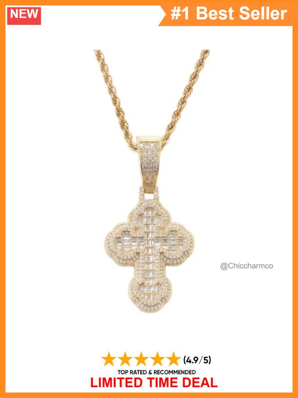 Gold Plated Cross Pendant Necklace 5A Cubic Zirconia Rope Chain Hip Hop